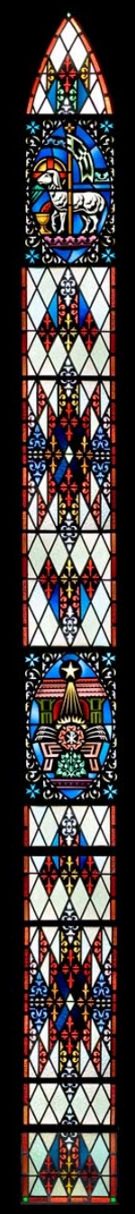 Jesus, the Lamb who was slain for us, is victorious; Jesus' birth. Martin Luther Lutheran Church, Oshkosh, WI. Used with permission from WELS Stained Glass.org.